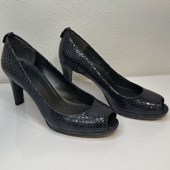 Stuart Weitzman Blue Snake Embossed Leather Peep Toe Heels Sz 6 VGUC - Picture 3 of 5